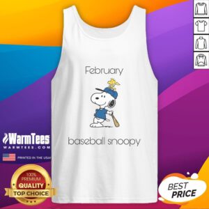 Awesome February baseball tank top featuring Snoopy and Woodstock in playful design for sports fans.