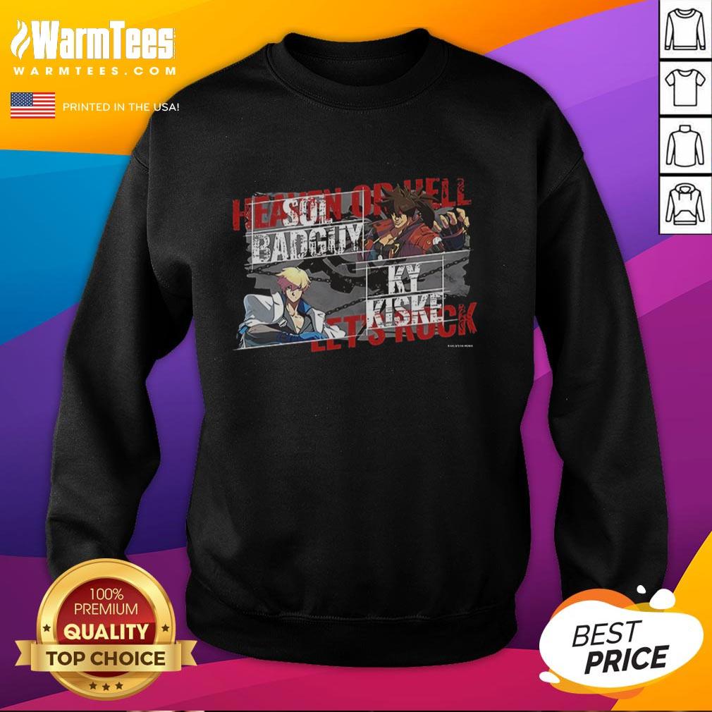 Awesome Heaven or Hell Let's Rock Sol Badguy Ky Kiske Sweatshirt featuring bold graphics and vibrant colors for gamers.