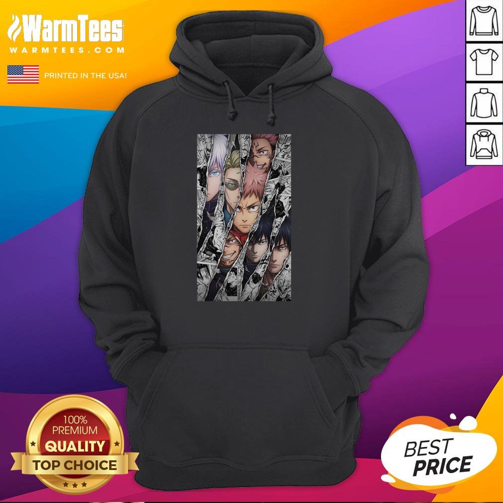 Alt Text: Awesome Jujutsu Kaisen characters featured in a vibrant manga panel design on a stylish hoodie.
