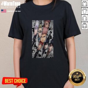 Alt Text: Awesome Jujutsu Kaisen characters featured in a manga panel on a stylish ladies tee design.