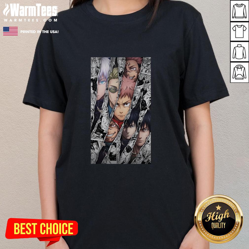 Alt Text: Awesome Jujutsu Kaisen characters featured in a manga panel on a stylish ladies tee design.