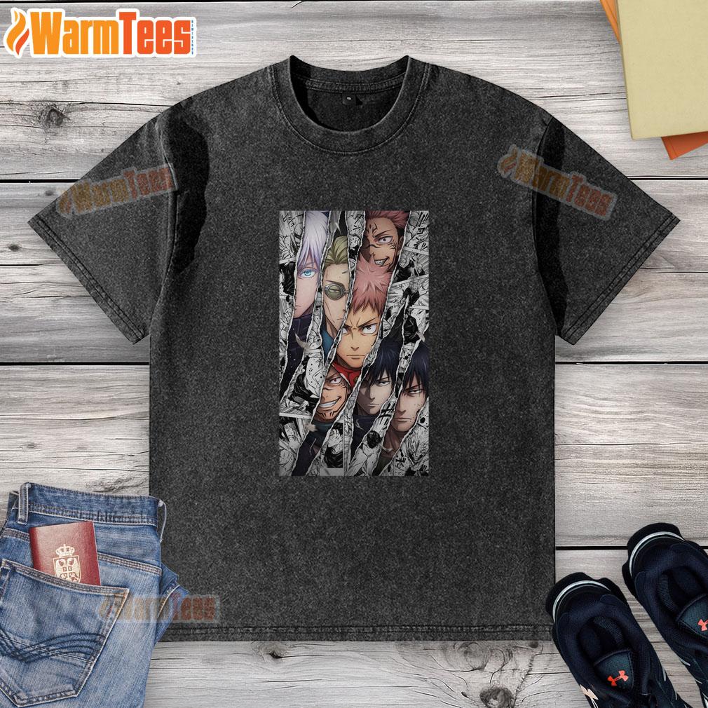 Awesome Jujutsu Kaisen characters featured on a manga panel burst design for a stylish washed T-shirt.