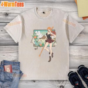 Awesome Nami One Piece Cat Burglar anime washed t-shirt featuring vibrant design and comfortable fit for fans.