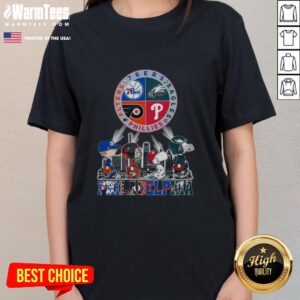 Awesome Philadelphia sports teams tee featuring Snoopy, showcasing 76ers, Eagles, Flyers, and Phillies for ladies.