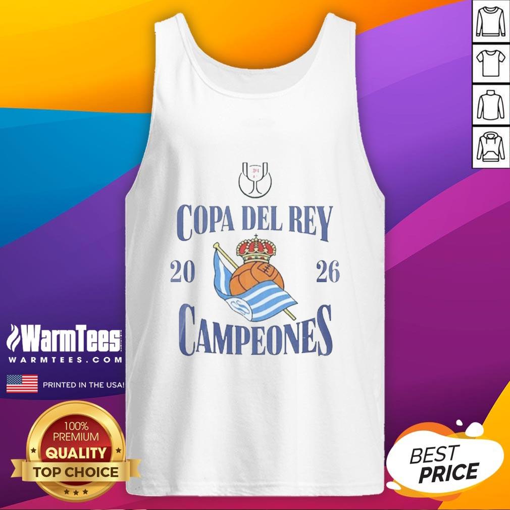 Real Sociedad Copa del Rey Campeones 2026 tank top featuring team colors and logo, perfect for fans and supporters.