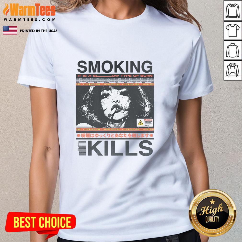 Alt Text: Retro manga anime graphic style ladies tee featuring Awesome Smoking Kills design in vibrant colors.