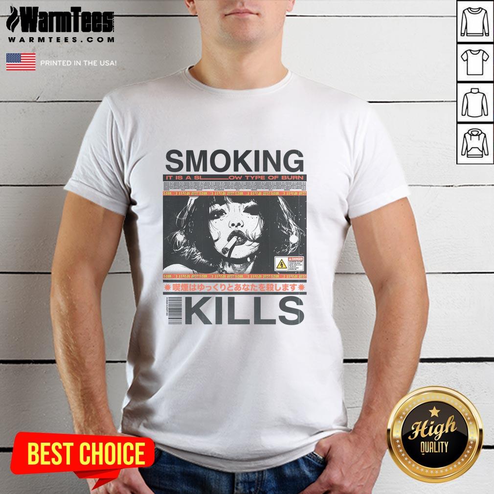 Awesome Smoking Kills retro manga anime graphic style T-shirt featuring bold colors and unique artwork.