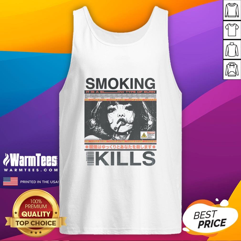 Retro manga anime graphic tank top with 'Smoking Kills' design, featuring vibrant colors and bold artwork.