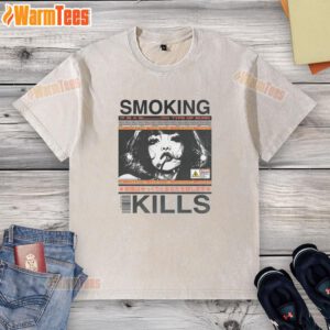 Awesome Smoking Kills retro manga anime graphic style washed t-shirt featuring vibrant illustrations and bold text.