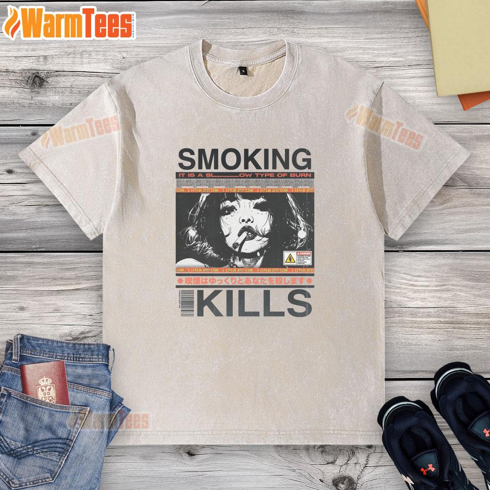 Awesome Smoking Kills retro manga anime graphic style washed t-shirt featuring vibrant illustrations and bold text.