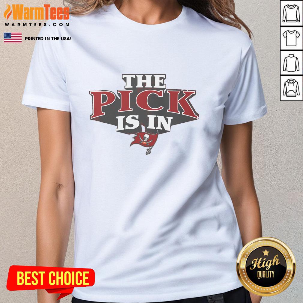 Awesome Tampa Bay Buccaneers Pick Is In ladies tee featuring team colors and logo, perfect for game day style.