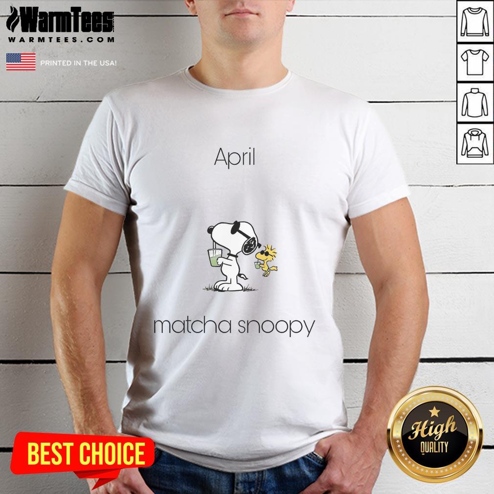 Alt Text: Cute April Matcha Snoopy Woodstock T-Shirt featuring a playful design of Snoopy and Woodstock enjoying matcha tea.