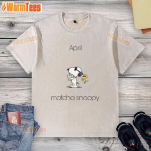 Alt Text: Cute April Matcha Snoopy and Woodstock washed t-shirt featuring vibrant colors and a playful design perfect for spring fashion.
