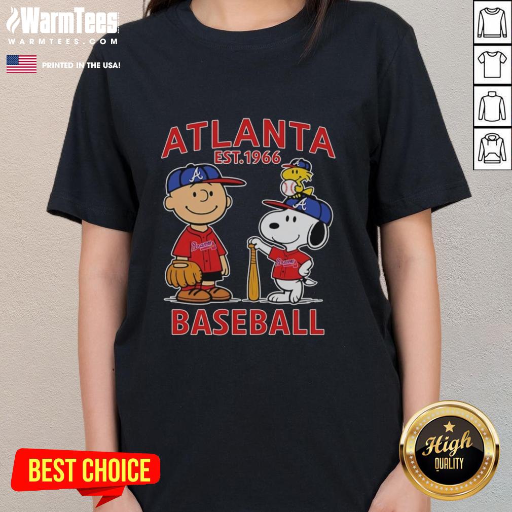 Alt Text: Cute Charlie Brown, Snoopy, and Woodstock in Atlanta Braves baseball jersey, Est. 1961, on a ladies' tee.