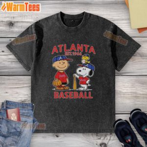 Alt Text: Cute Charlie Brown, Snoopy, and Woodstock in Atlanta Braves baseball jersey 'Est. 1961' on a washed T-shirt.