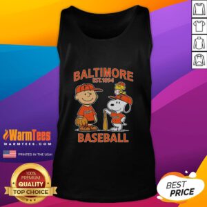 Cute Charlie Brown, Snoopy, and Woodstock wear Baltimore Orioles baseball jersey tank top, established 1894.