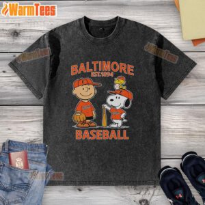 Cute Charlie Brown, Snoopy, and Woodstock wearing a Baltimore Orioles baseball jersey, Est. 1894, on a washed T-shirt.