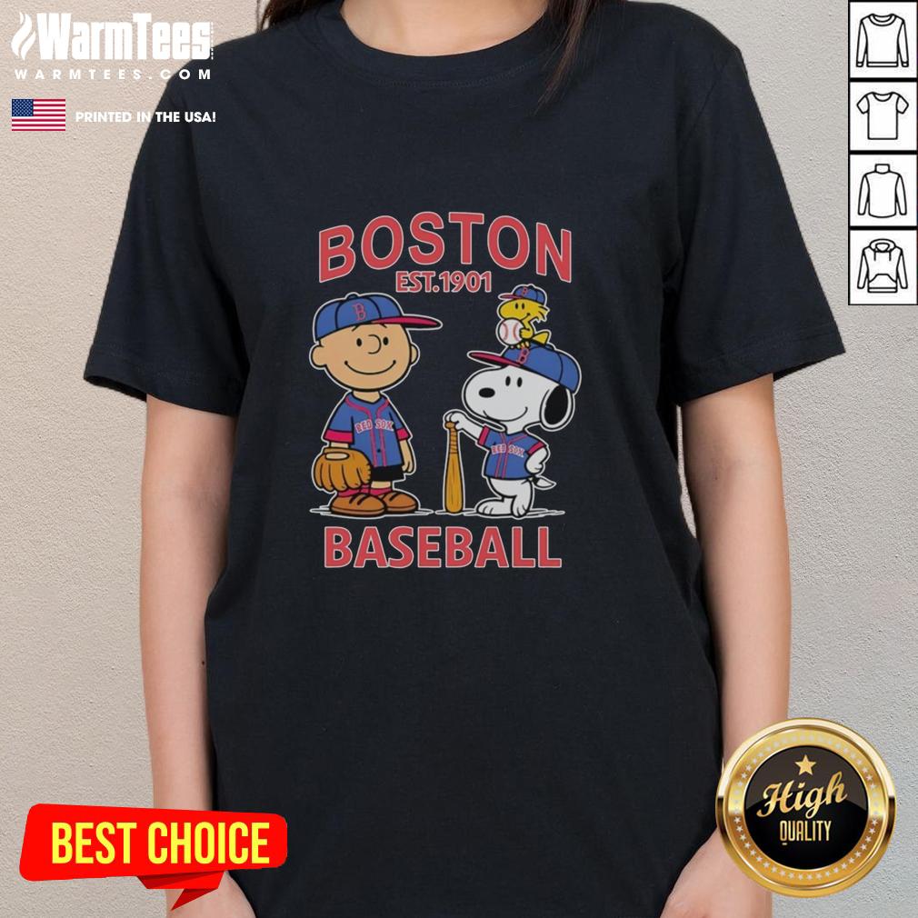Cute Charlie Brown, Snoopy, and Woodstock in Boston Red Sox jersey, perfect for baseball fans and Peanuts lovers.