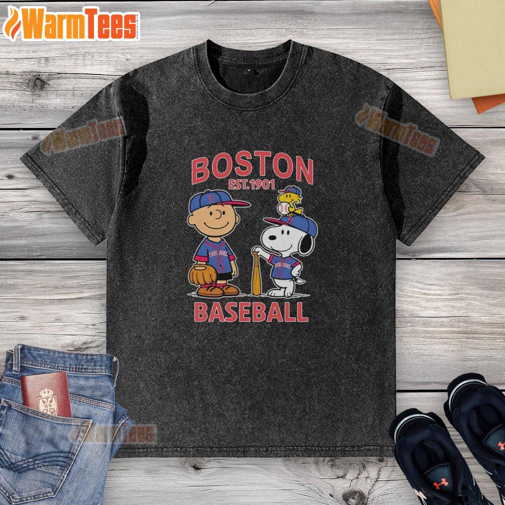 Alt Text: Cute Charlie Brown, Snoopy, and Woodstock in Boston Red Sox baseball jersey, showcasing a fun washed T-shirt design.