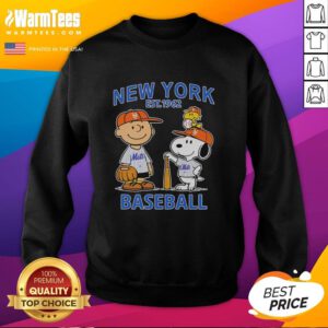 Alt Text: Cute Charlie Brown, Snoopy, and Woodstock in New York Mets baseball jersey sweatshirt, established 1962 design.