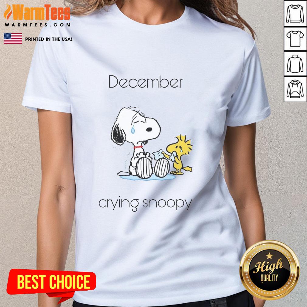 Cute December crying Snoopy and Woodstock graphic on a ladies tee, perfect for winter fashion and Peanuts fans.