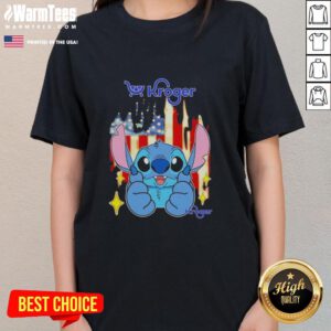 Alt Text: Cute Stitch Like Kroger USA Flag Ladies Tee featuring vibrant colors and stylish design for patriotic fashion.