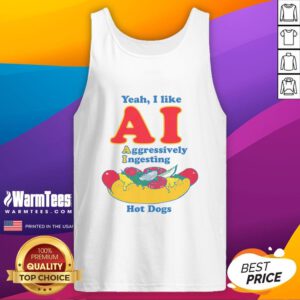 Funny tank top featuring AI humor with a graphic of an AI aggressively ingesting hot dogs for a quirky style.