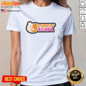 Good Dunkin Ronpa logo parody ladies tee featuring vibrant colors and playful design for fans of the series.