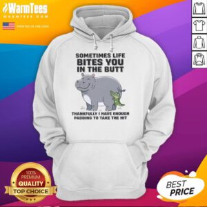 Funny hoodie featuring a hippo graphic with the phrase 'Sometimes life bites you in the butt, thankfully I have enough padding.'
