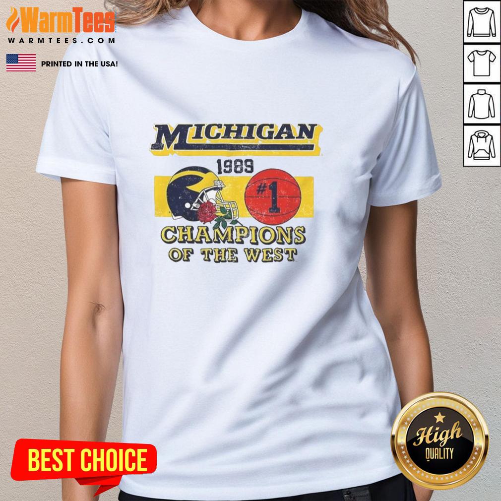 Vintage ladies tee featuring the 1989 NCAA Champions of the West Michigan Wolverines logo and design.