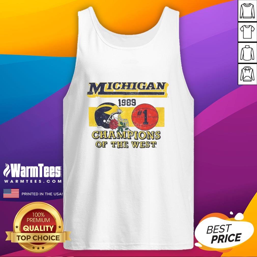 Vintage Michigan Wolverines NCAA 1989 Champions of the West tank top showcasing iconic team colors and logo.