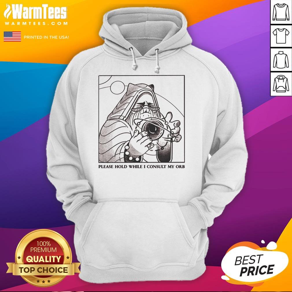 Good Please Hold While I Consult My Orb Hoodie featuring a mystical design, perfect for fans of fantasy and unique apparel.
