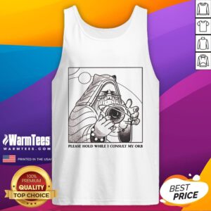 Model wearing 'Good Please Hold While I Consult My Orb' tank top, showcasing trendy design and casual style.