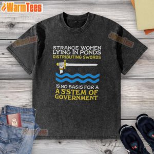 Good Strange Women lying in ponds, distributing swords while wearing a washed t-shirt, showcasing whimsical art.