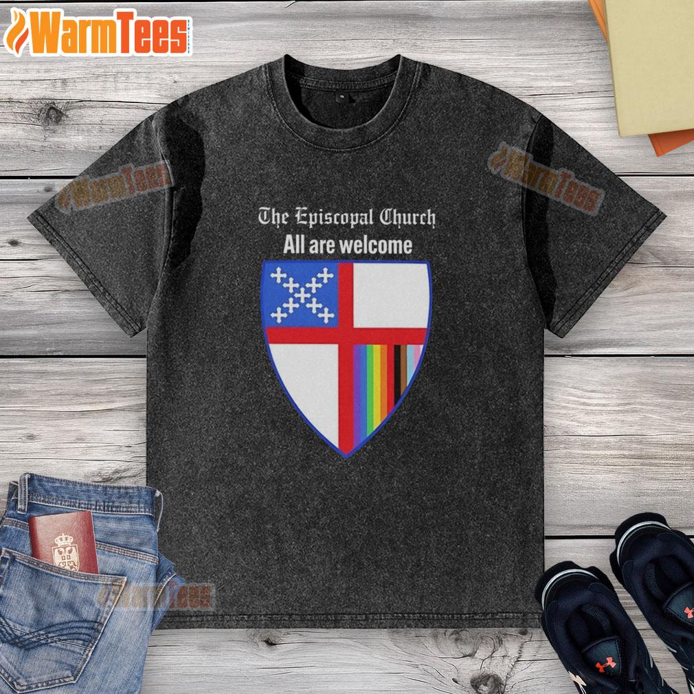 Good The Episcopal Church All Are Welcome badge on a washed t-shirt, promoting inclusivity and community spirit.