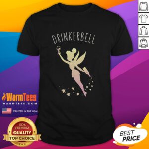 Good Tinker Bell holding a whisky and beer in a funny T-shirt design, perfect for drink lovers and Disney fans.