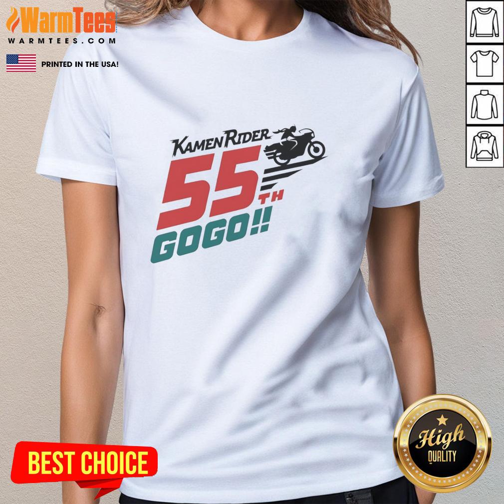 Alt Text: Hot Kamen Rider 55th Gogo Biker Ladies Tee featuring vibrant graphics and a stylish design for fans of the series.