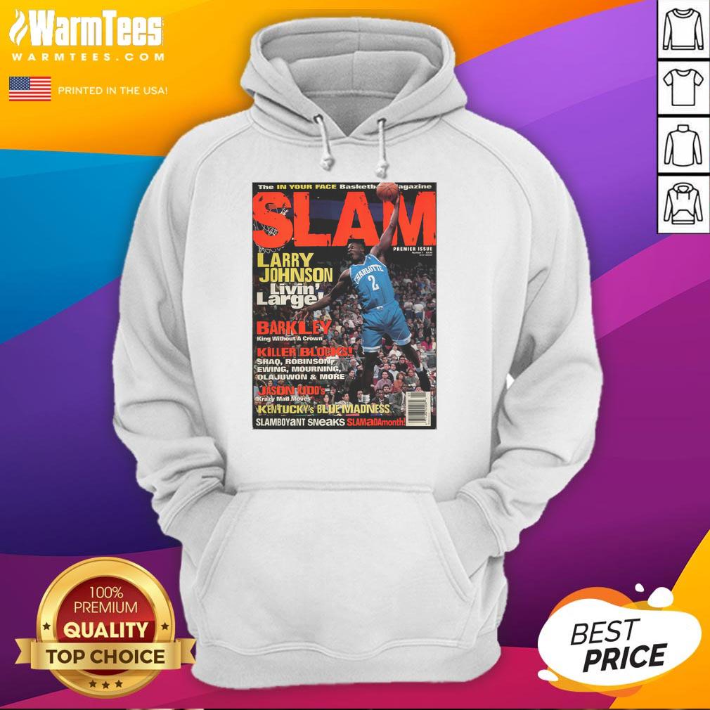 Hot Larry Johnson Livin Larger Slam Hoodie featured in In Your Face Basketball Magazine, showcasing bold streetwear style.