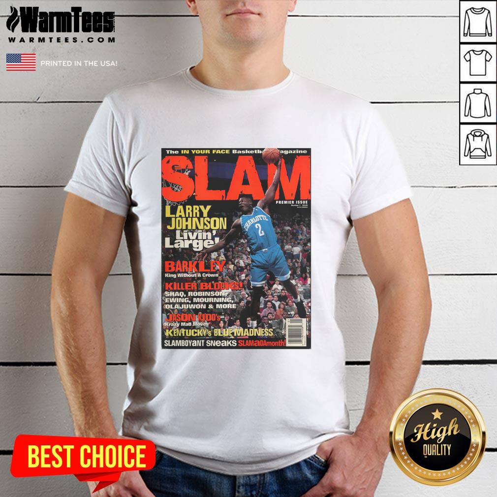 Hot Larry Johnson 'Livin' Larger' basketball t-shirt from In Your Face magazine, featuring bold graphics and retro style.