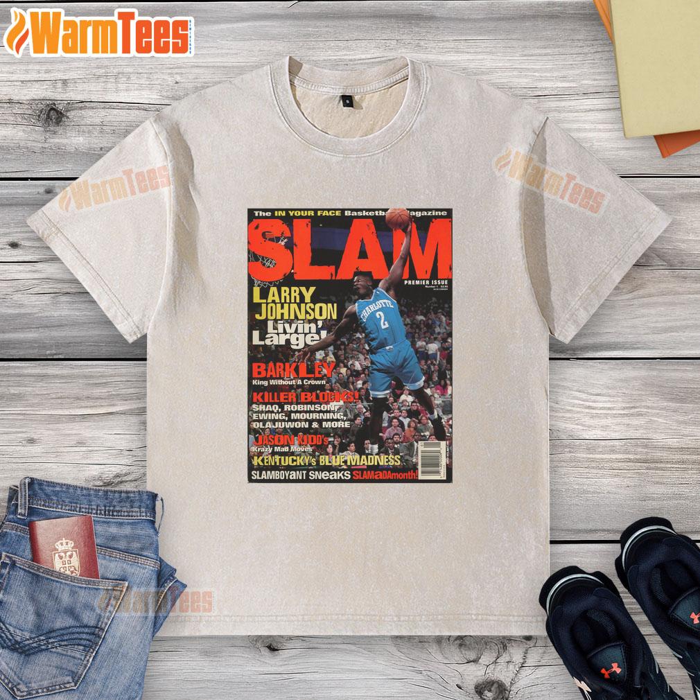 Hot Larry Johnson 'Livin Larger' Slam Washed T-Shirt featured in In Your Face Basketball Magazine, perfect for fans.