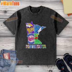 Hot Minnesota sports teams graphic on a state washed t-shirt, perfect for fans showcasing their team pride.