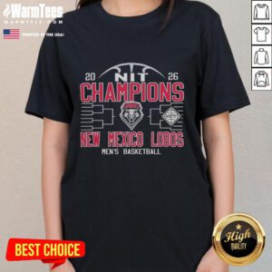 Alt Text: 2026 NIT Champions New Mexico Lobos Men's Basketball Ladies Tee featuring team colors and logo.