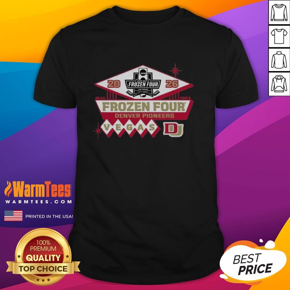 Official Denver Pioneers Men's Ice 2026 NCAA Hockey Frozen Four T-Shirt featuring team colors and logo.