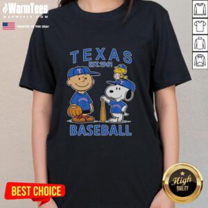 Alt Text: Charlie Brown, Snoopy, and Woodstock in Texas Rangers baseball jersey est. 1961 on a ladies tee shirt.