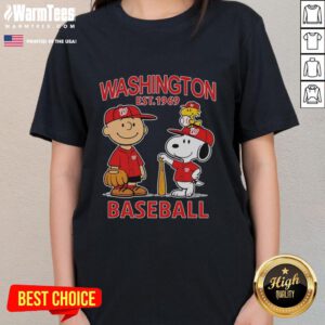 Ladies tee featuring Charlie Brown, Snoopy, and Woodstock in Washington Nationals baseball jersey, est. 1969.