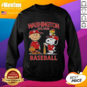 Charlie Brown, Snoopy, and Woodstock in Washington Nationals baseball jersey sweatshirt, established 1969.