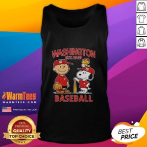 Charlie Brown, Snoopy, and Woodstock wearing Washington Nationals baseball jersey on a tank top, established 1969.