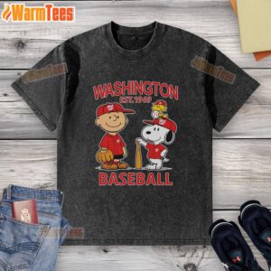 Alt Text: Charlie Brown, Snoopy, and Woodstock in Washington Nationals baseball jersey, vintage Est. 1969 washed t-shirt design.