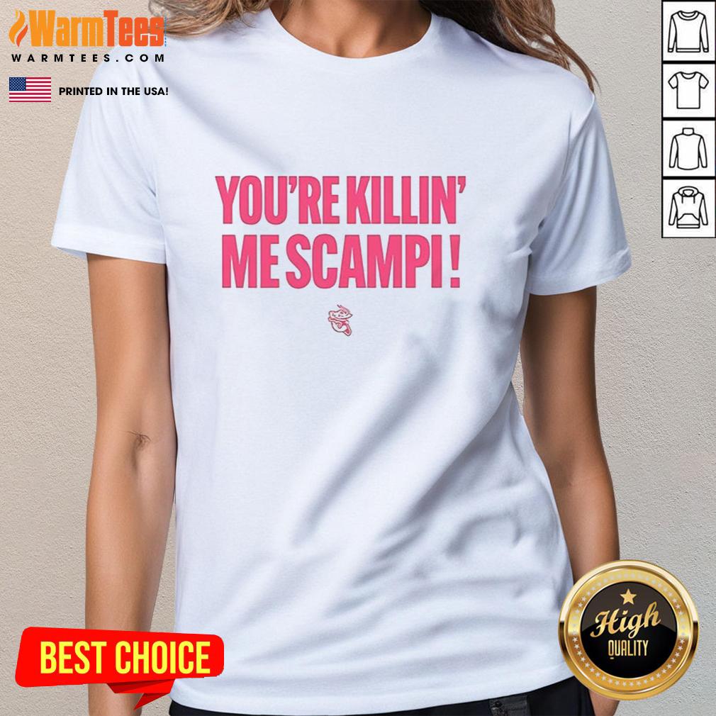 Nice Jacksonville Jumbo Shrimp You're Killin' Me Scampi ladies tee featuring a fun shrimp graphic and vibrant colors.