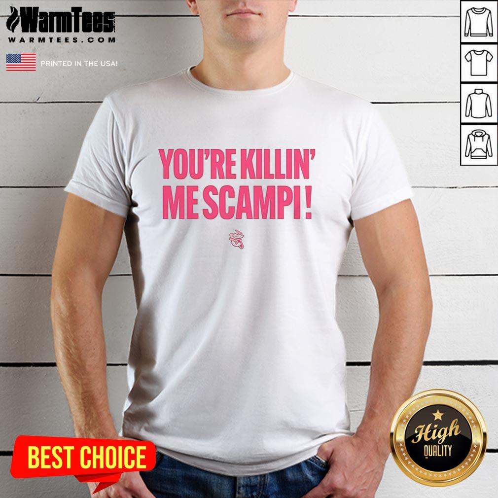 Alt Text: Jacksonville Jumbo Shrimp 'Youre Killin Me Scampi' T-Shirt featuring a fun shrimp graphic and vibrant colors.